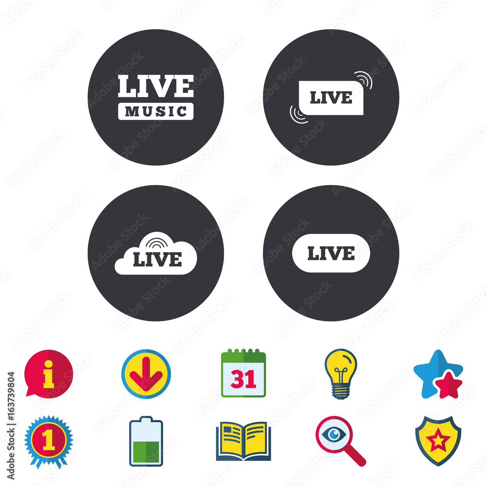 Live music icons. Karaoke or On air stream symbols. Cloud sign. Calendar, Information and Download signs. Stars, Award and Book icons. Light bulb, Shield and Search. Vector