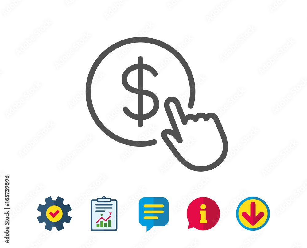 Hand Click line icon. Currency exchange sign. Cursor pointer symbol. To pay or get money. Report, Service and Information line signs. Download, Speech bubble icons. Editable stroke. Vector Hand Click line icon. Currency exchange sign. Cursor pointer symbol. To pay or get money. Report, Service and Information line signs. Download, Speech bubble icons. Editable stroke. Vector