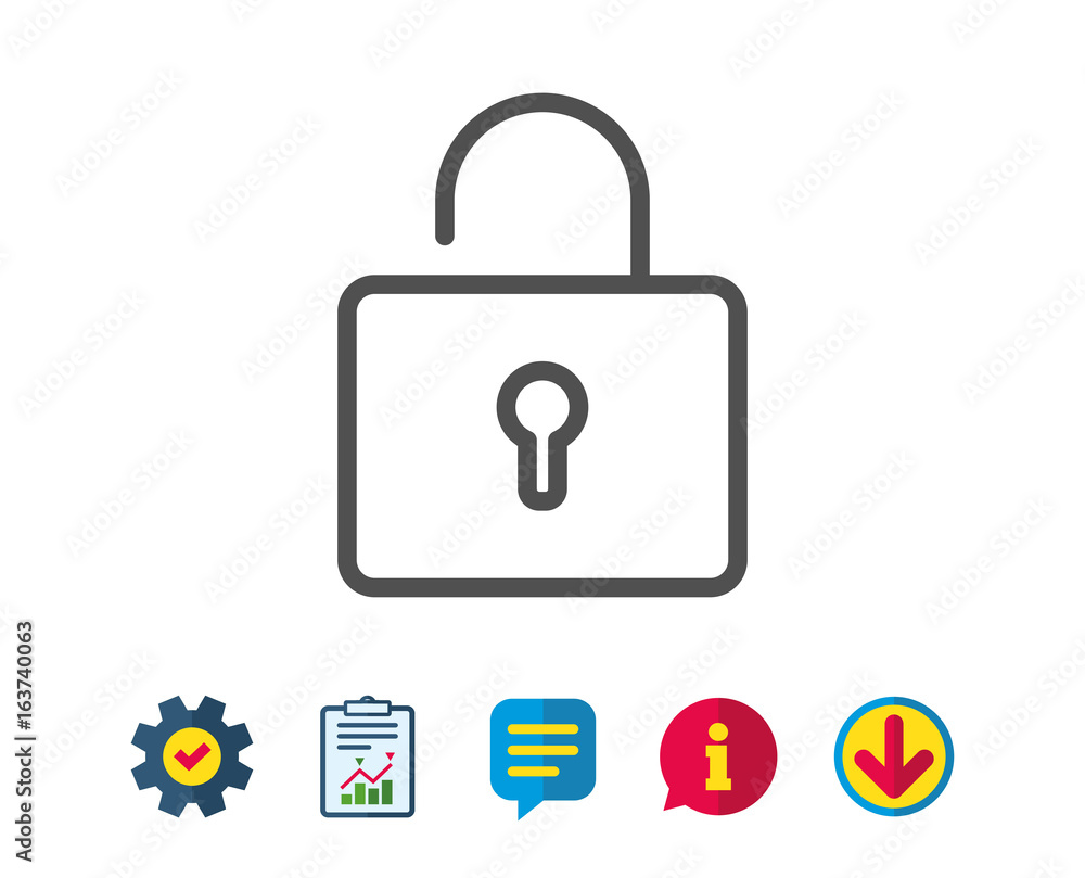 Lock line icon. Private locker sign. Password encryption symbol. Report, Service and Information line signs. Download, Speech bubble icons. Editable stroke. Vector Lock line icon. Private locker sign. Password encryption symbol. Report, Service and Information line signs. Download, Speech bubble icons. Editable stroke. Vector
