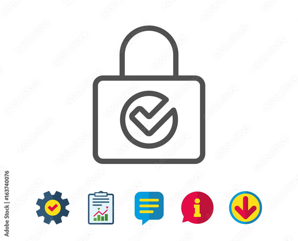 Lock with Check line icon. Private locker sign. Password encryption symbol. Report, Service and Information line signs. Download, Speech bubble icons. Editable stroke. Vector Lock with Check line icon. Private locker sign. Password encryption symbol. Report, Service and Information line signs. Download, Speech bubble icons. Editable stroke. Vector