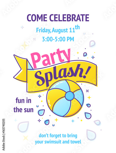 Pool party poster with inflatable ball and splash in swim pool water.