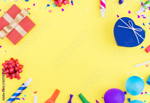 Colorful celebration pattern with various party confetti, balloons, gift box