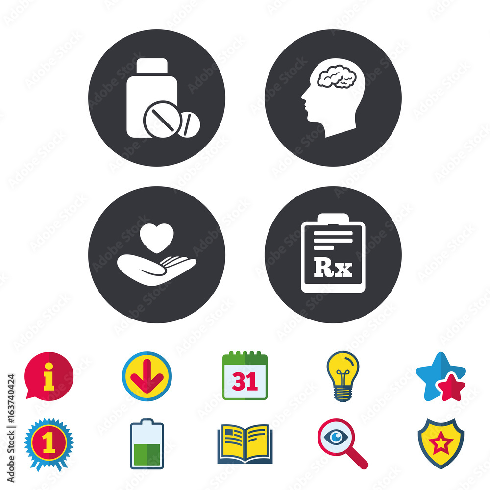 Medicine icons. Medical tablets bottle, head with brain, prescription Rx signs. Pharmacy or medicine symbol. Hand holds heart. Calendar, Information and Download signs. Stars, Award and Book icons