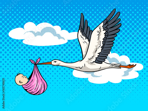 Stork brings baby pop art vector illustration