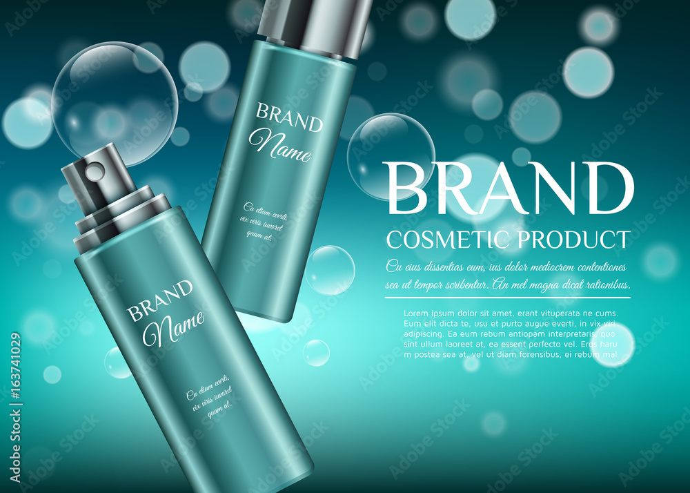 A beautiful cosmetic templates for ads, two realistic 3d blue cosmetic bottle on a blue bokeh background with water bubbles