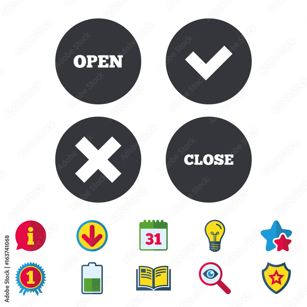 Open and Close icons. Check or Tick. Delete remove signs. Yes correct and cancel symbol. Calendar, Information and Download signs. Stars, Award and Book icons. Light bulb, Shield and Search. Vector Open and Close icons. Check or Tick. Delete remove signs. Yes correct and cancel symbol. Calendar, Information and Download signs. Stars, Award and Book icons. Light bulb, Shield and Search. Vector