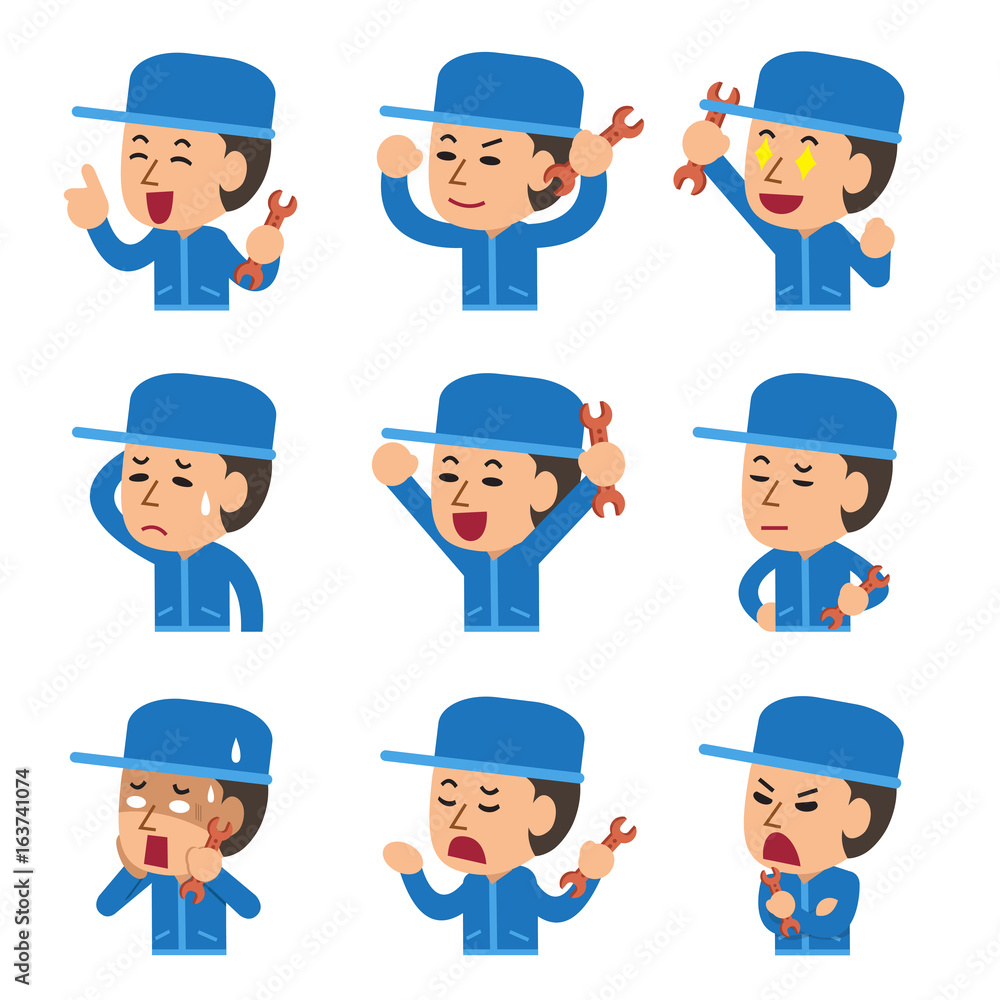 Cartoon a technician showing different emotions Cartoon a technician showing different emotions