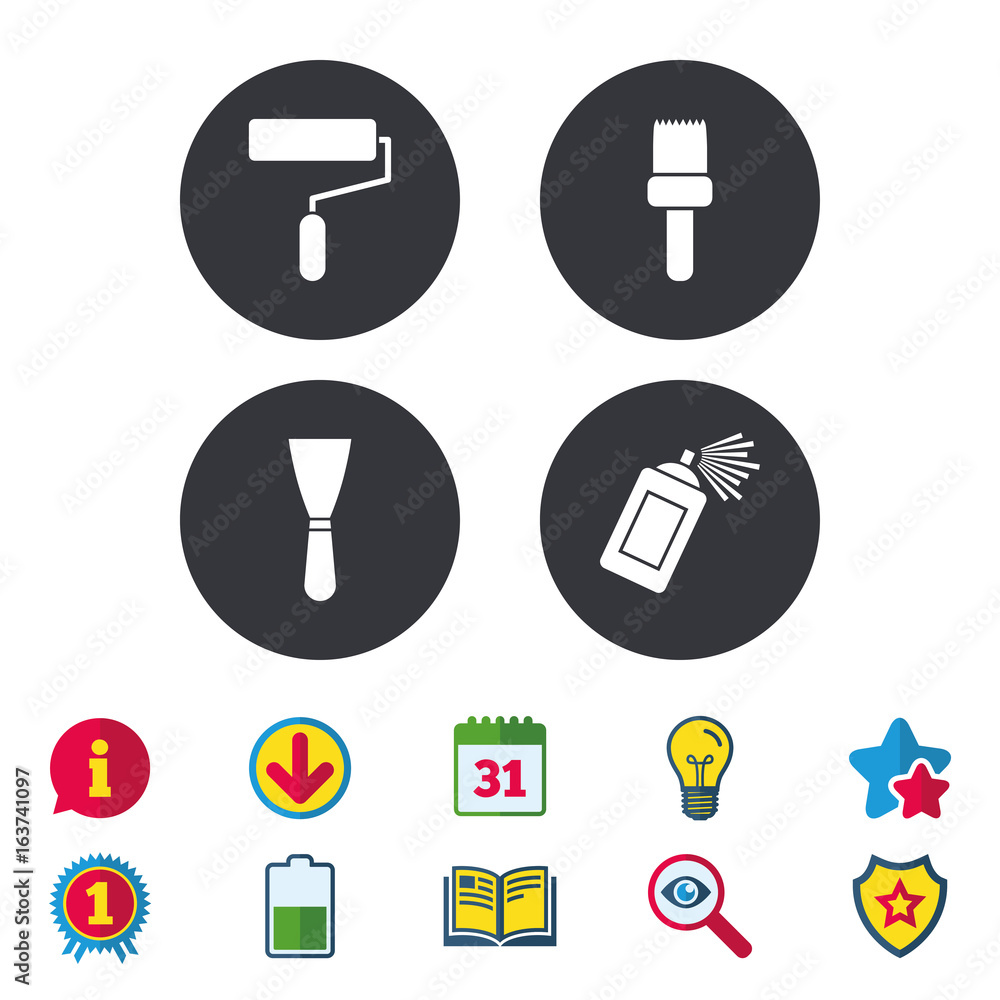 Paint roller, brush icons. Spray can and Spatula signs. Wall repair tool and painting symbol. Calendar, Information and Download signs. Stars, Award and Book icons. Light bulb, Shield and Search Paint roller, brush icons. Spray can and Spatula signs. Wall repair tool and painting symbol. Calendar, Information and Download signs. Stars, Award and Book icons. Light bulb, Shield and Search