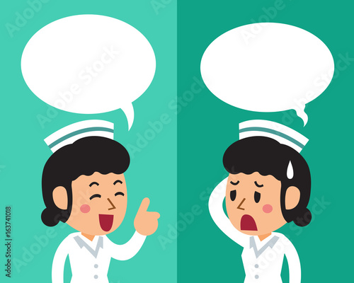 Cartoon a female nurse expressing different emotions with speech bubbles