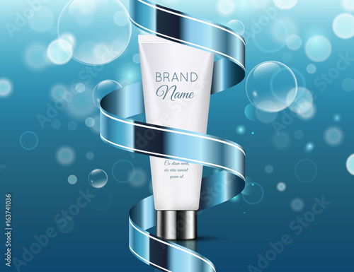 A beautiful template for cosmetic ads, realistic 3d white tube with blue glossy ribbon on a light blue shiny background with water bubbles. 