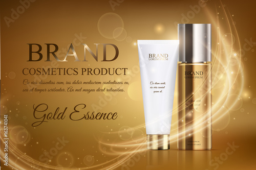 A beautiful cosmetic ads template, gold bottle hair oil with white cosmetic tube on a gold shiny background  