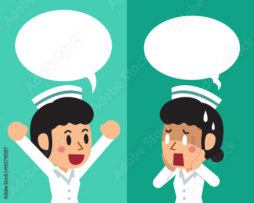 Cartoon female nurse expressing different emotions with speech bubbles