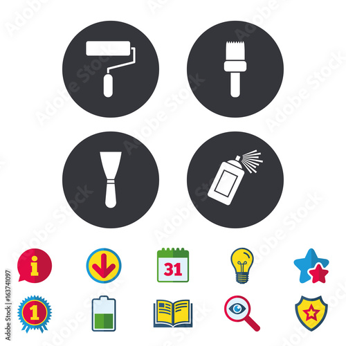 Paint roller  brush icons. Spray can and Spatula signs. Wall repair tool and painting symbol. Calendar  Information and Download signs. Stars  Award and Book icons. Light bulb  Shield and Search