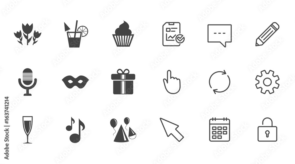 Party celebration, birthday icons. Cocktail, air balloon and champagne glass signs. Gift box, flowers and carnival symbols. Chat, Report and Calendar line signs. Service, Pencil and Locker icons Party celebration, birthday icons. Cocktail, air balloon and champagne glass signs. Gift box, flowers and carnival symbols. Chat, Report and Calendar line signs. Service, Pencil and Locker icons