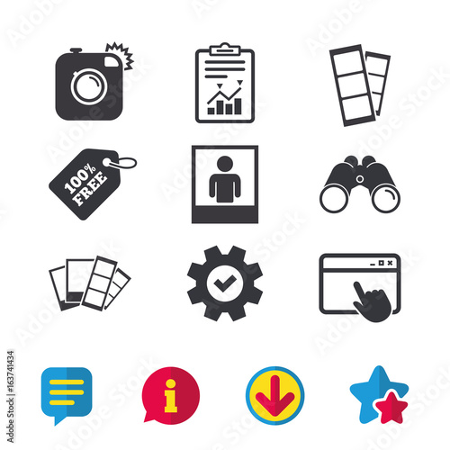 Hipster photo camera icon. Flash light symbol. Photo booth strips sign. Human portrait photo frame. Browser window, Report and Service signs. Binoculars, Information and Download icons. Stars and Chat