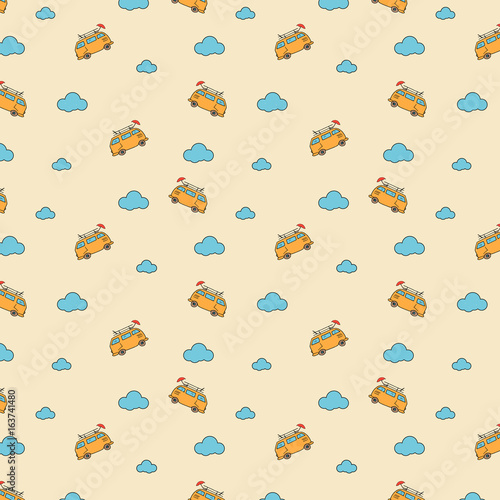 Hippie car with clouds seamless pattern.