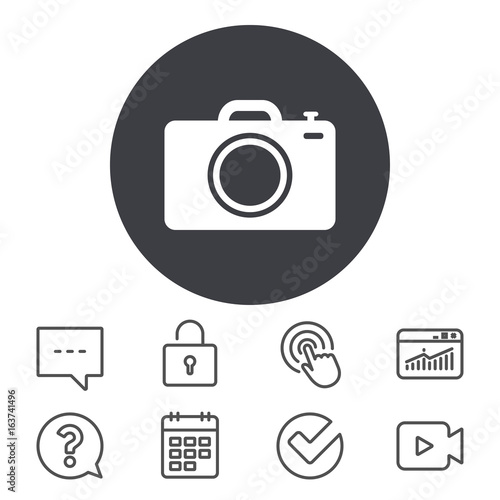 Photo camera sign icon. Digital photo camera symbol. Calendar, Locker and Speech bubble line signs. Video camera, Statistics and Question icons. Vector