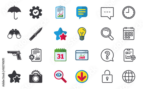 Gun weapon icon.Knife, umbrella and photo camera with flash signs. Edged hunting equipment. Prohibition objects. Chat, Report and Calendar signs. Stars, Statistics and Download icons. Vector