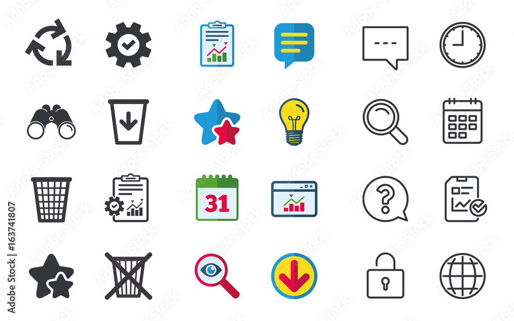 Recycle bin icons. Reuse or reduce symbols. Trash can and recycling signs. Chat, Report and Calendar signs. Stars, Statistics and Download icons. Question, Clock and Globe. Vector Recycle bin icons. Reuse or reduce symbols. Trash can and recycling signs. Chat, Report and Calendar signs. Stars, Statistics and Download icons. Question, Clock and Globe. Vector