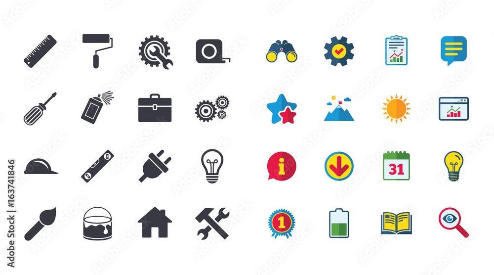 Fototapeta premium Set of Construction tools, Engineering and Repair icons. Electric plug, Helmet and Screwdriver signs. Lamp, Hammer and Paint symbols. Calendar, Report and Browser window signs. Vector