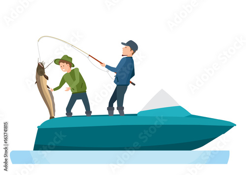 Fishermen take fish, caught on spinning, putting catfish in boat.