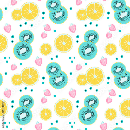 Hand drawn seamless pattern with sliced kiwi, orange, strawberry, currant, blueberries. Light turquoise, pink, yellow.