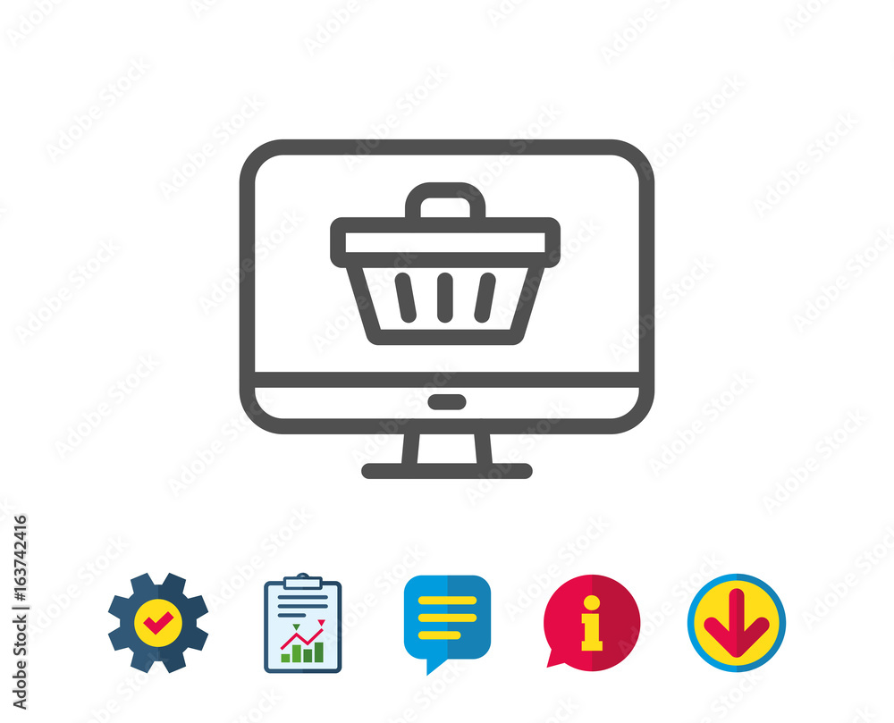 Online Shopping cart line icon. Monitor sign. Supermarket basket symbol. Report, Service and Information line signs. Download, Speech bubble icons. Editable stroke. Vector Online Shopping cart line icon. Monitor sign. Supermarket basket symbol. Report, Service and Information line signs. Download, Speech bubble icons. Editable stroke. Vector