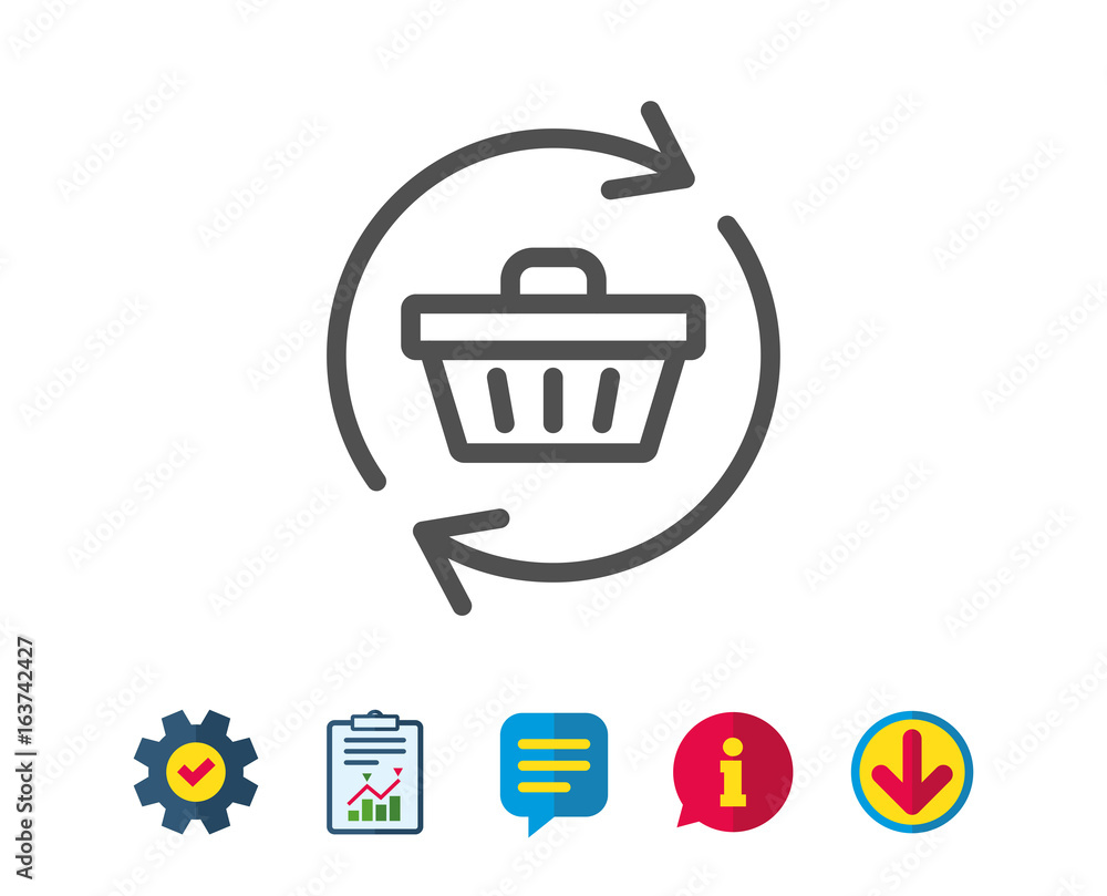 Update Shopping cart line icon. Online buying sign. Supermarket basket symbol. Report, Service and Information line signs. Download, Speech bubble icons. Editable stroke. Vector Update Shopping cart line icon. Online buying sign. Supermarket basket symbol. Report, Service and Information line signs. Download, Speech bubble icons. Editable stroke. Vector
