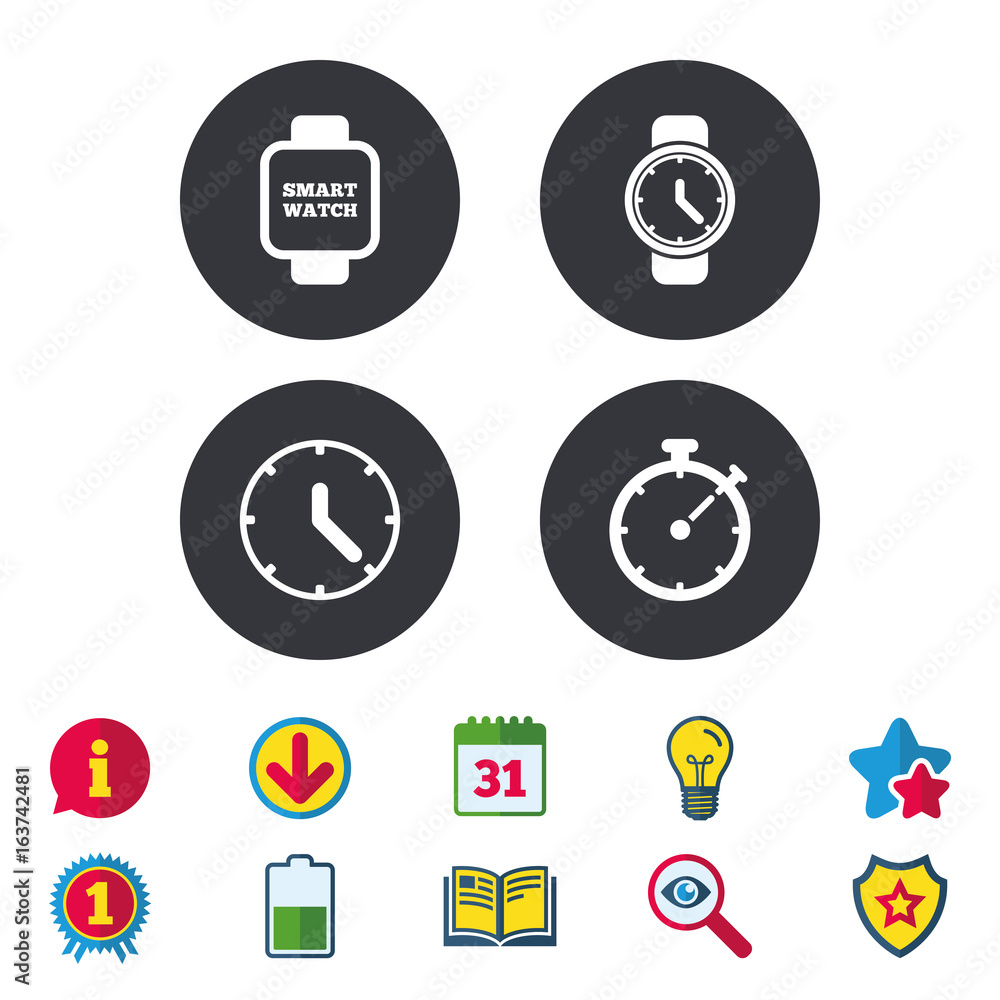 Smart watch icons. Mechanical clock time, Stopwatch timer symbols. Wrist digital watch sign. Calendar, Information and Download signs. Stars, Award and Book icons. Light bulb, Shield and Search