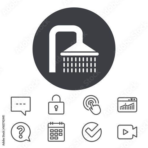 Shower sign icon. Douche with water drops symbol. Calendar, Locker and Speech bubble line signs. Video camera, Statistics and Question icons. Vector