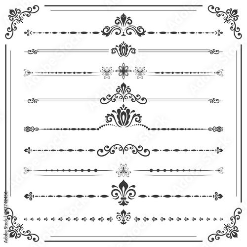 Vintage set of vector decorative elements. Horizontal separators in the frame. Collection of different ornaments. Classic black and white patterns. Set of vintage patterns