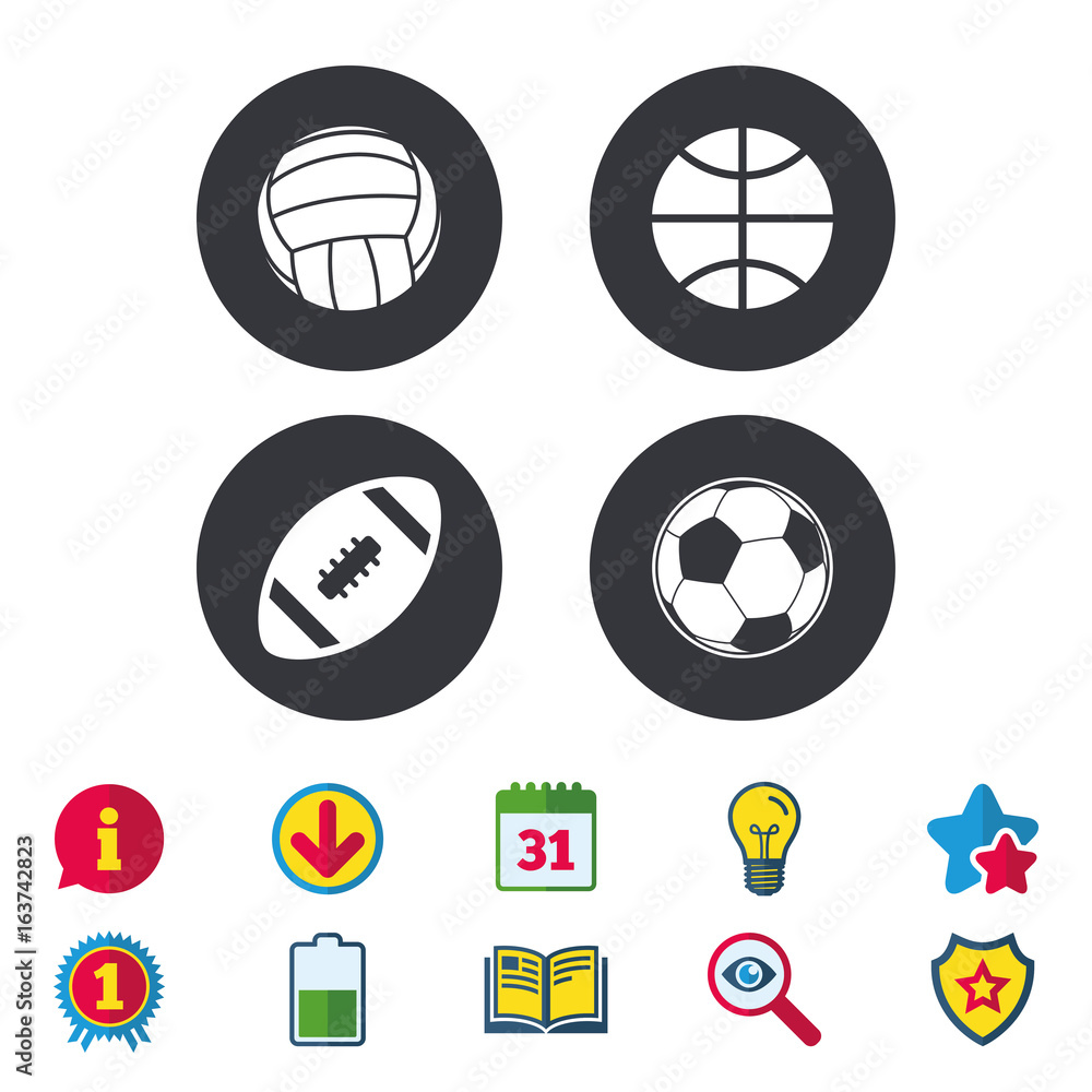 Obraz premium Sport balls icons. Volleyball, Basketball, Soccer and American football signs. Team sport games. Calendar, Information and Download signs. Stars, Award and Book icons. Light bulb, Shield and Search