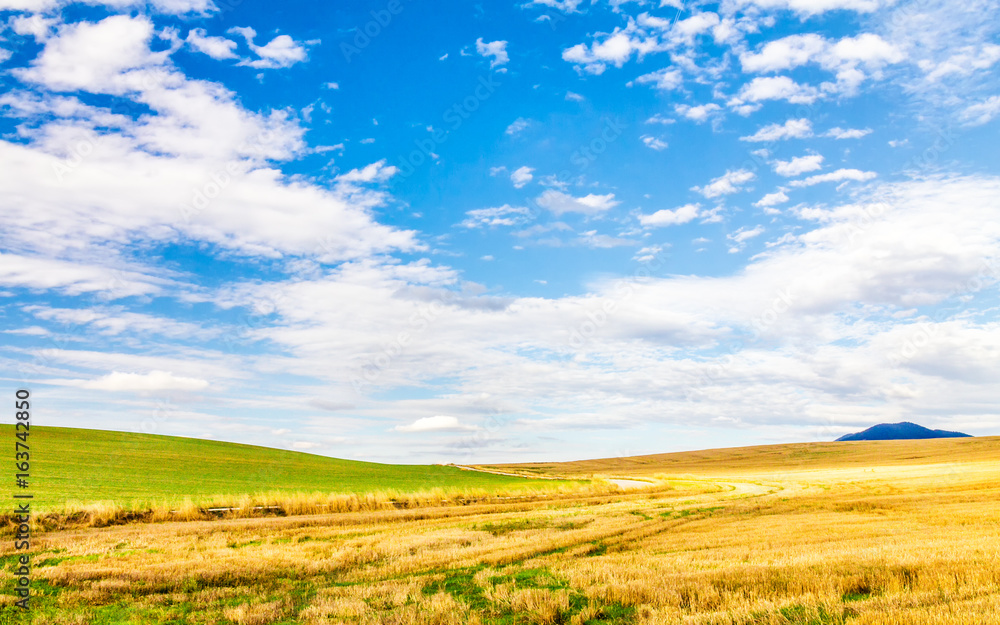 Country landscape with fields in northern Slovakia, blue sky with clouds in the background.