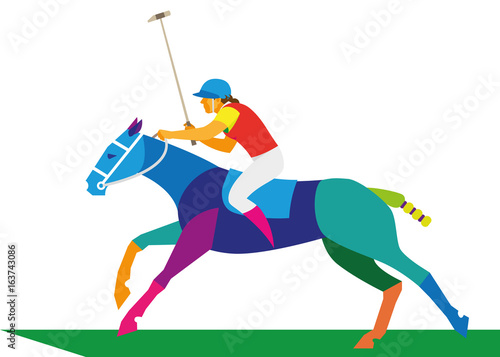A young woman is a player in a horse polo with a stick