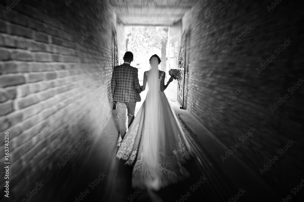 Flawless wedding young couple walking on city streets on a sunny day. Black and white photo. Flawless wedding young couple walking on city streets on a sunny day. Black and white photo.
