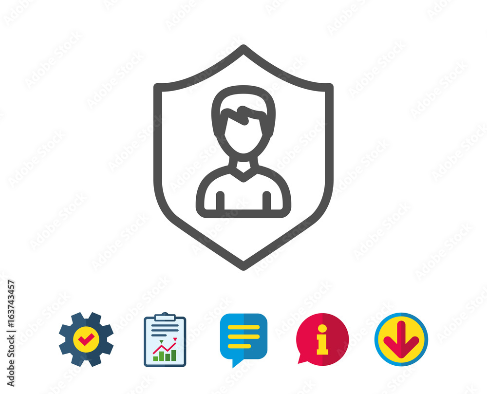 User Protection line icon. Profile Avatar with shield sign. Male Person silhouette symbol. Report, Service and Information line signs. Download, Speech bubble icons. Editable stroke. Vector User Protection line icon. Profile Avatar with shield sign. Male Person silhouette symbol. Report, Service and Information line signs. Download, Speech bubble icons. Editable stroke. Vector