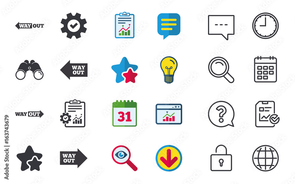 Way out icons. Left and right arrows symbols. Direction signs in the subway. Chat, Report and Calendar signs. Stars, Statistics and Download icons. Question, Clock and Globe. Vector Way out icons. Left and right arrows symbols. Direction signs in the subway. Chat, Report and Calendar signs. Stars, Statistics and Download icons. Question, Clock and Globe. Vector