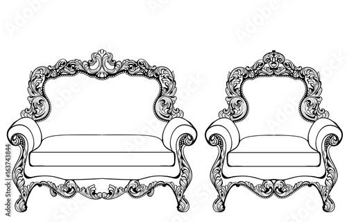 Classic Imperial Baroque armchair set with luxurious ornaments. Vector French...