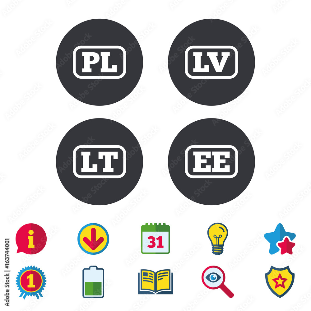 Language icons. PL, , , LT and EE translation symbols. Poland, Latvia, Lithuania and Estonia languages. Calendar, Information and Download signs. Stars, Award and Book icons. Vector Language icons. PL, , , LT and EE translation symbols. Poland, Latvia, Lithuania and Estonia languages. Calendar, Information and Download signs. Stars, Award and Book icons. Vector