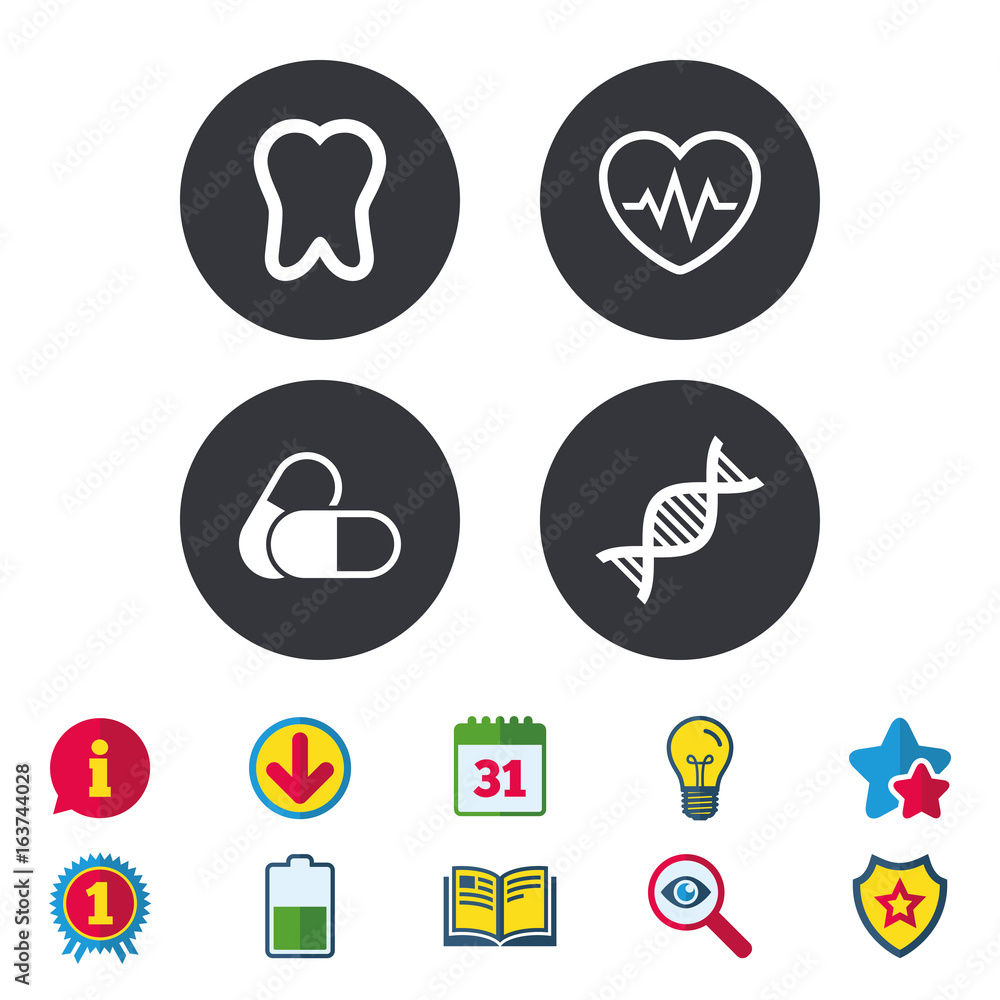 Maternity icons. Pills, tooth, DNA and heart cardiogram signs. Heartbeat symbol. Deoxyribonucleic acid. Dental care. Calendar, Information and Download signs. Stars, Award and Book icons. Vector Maternity icons. Pills, tooth, DNA and heart cardiogram signs. Heartbeat symbol. Deoxyribonucleic acid. Dental care. Calendar, Information and Download signs. Stars, Award and Book icons. Vector