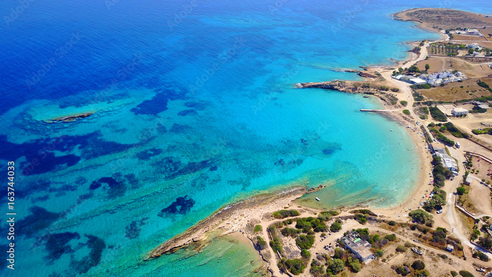 Aerial drone photo of Koufonisi island with clear turquoise waters, Cyclades, Greece