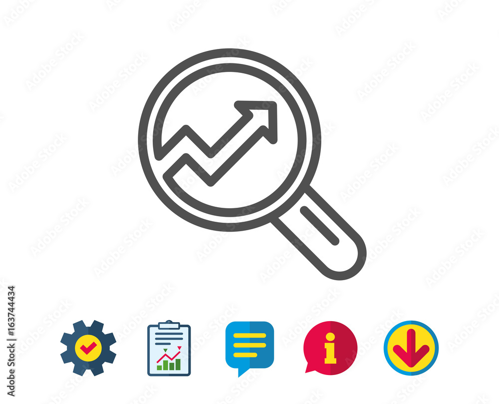 Chart line icon. Report graph or Sales growth sign in Magnifying glass. Analysis and Statistics data symbol. Report, Service and Information line signs. Download, Speech bubble icons. Editable stroke Chart line icon. Report graph or Sales growth sign in Magnifying glass. Analysis and Statistics data symbol. Report, Service and Information line signs. Download, Speech bubble icons. Editable stroke