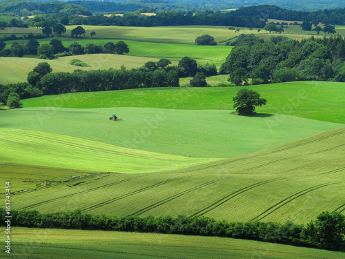 Hügelige Landschaft mit Feldern und Traktor bei der Arbeit