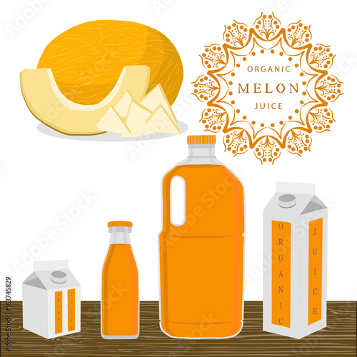 Abstract vector illustration logo for whole ripe fruit yellow melon, half sliced cantaloupe.