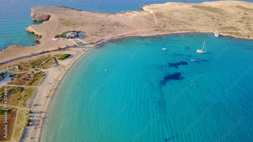 Aerial drone photo of famous Pori beach, Koufonissi island. Cyclades, Greece