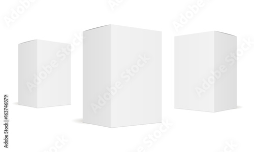 Set of three white blank boxes isolated. Mockup for design or branding. Vector illustration