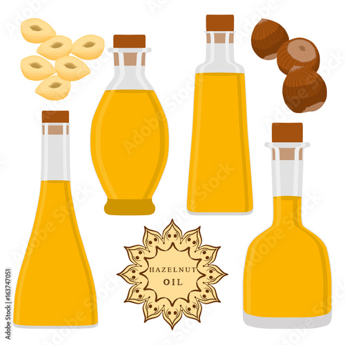 Abstract vector illustration logo glass bottles oil, plastic bottle with cap, oils in jars.