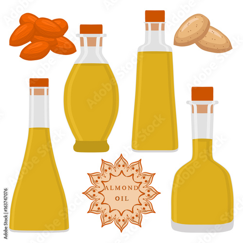 Abstract vector illustration logo glass bottles oil, plastic bottle with cap, oils in jars.