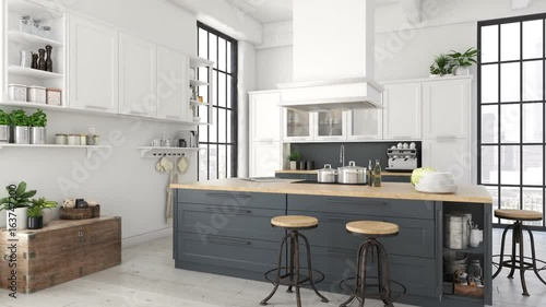 modern nordic kitchen in loft apartment. 3D rendering