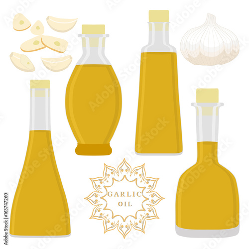 Abstract vector illustration logo glass bottles oil, plastic bottle with cap, oils in jars. photo